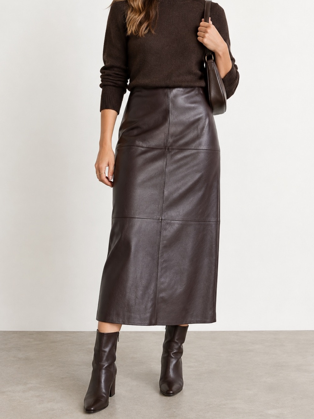 H&M Women's Dark Brown Faux Leather Midi Skirt